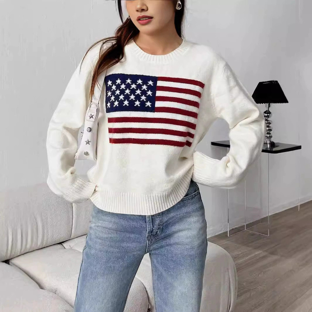 ZARA American Flag Crew Neck Pullover Knit Sweater Casual Loose Fit Fall Winter